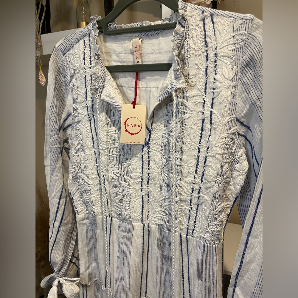 NWT RAGA Fleri White and Blue Striped Floral Embroidered Tie  Long Sleeve Dress - Picture 4 of 13